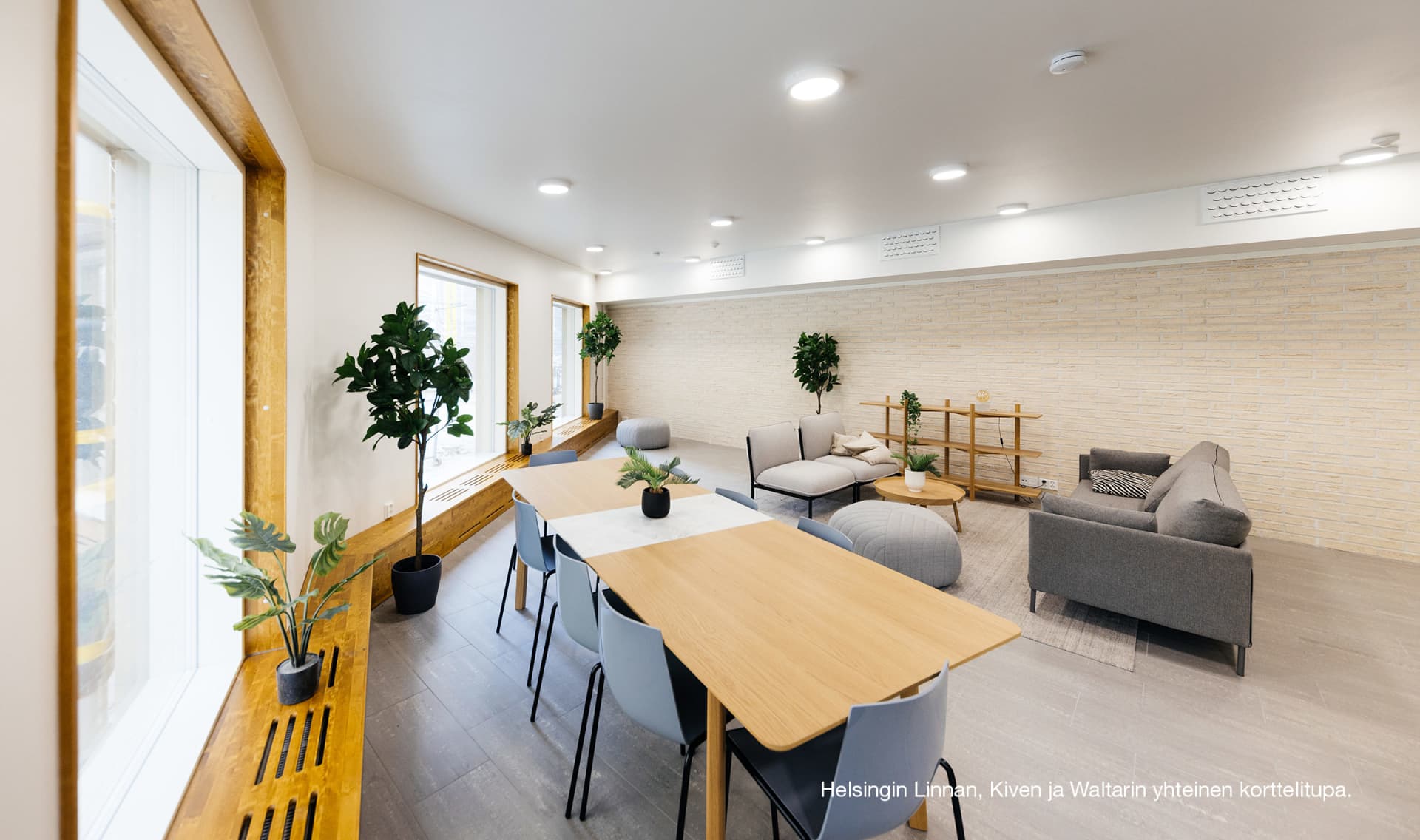 Myytävät asunnot Helsingin Linna, Helsingin Kivi ja Helsingin Waltari. Kuva yhteistiloista.