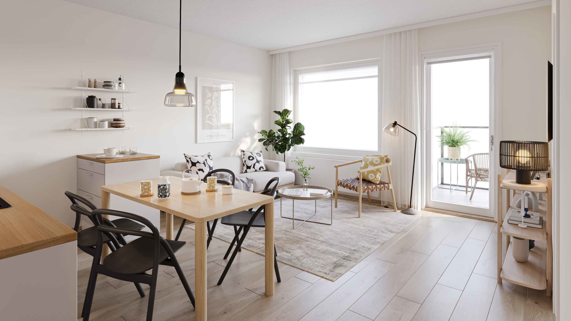 Suuntaa antava visualisointi Rovaniemen Kielaan tulevasta Lumileinikin kodista. Asunnoissa yhdistyy laadukkaat materiaalit ja toimivat kodinkoneet.