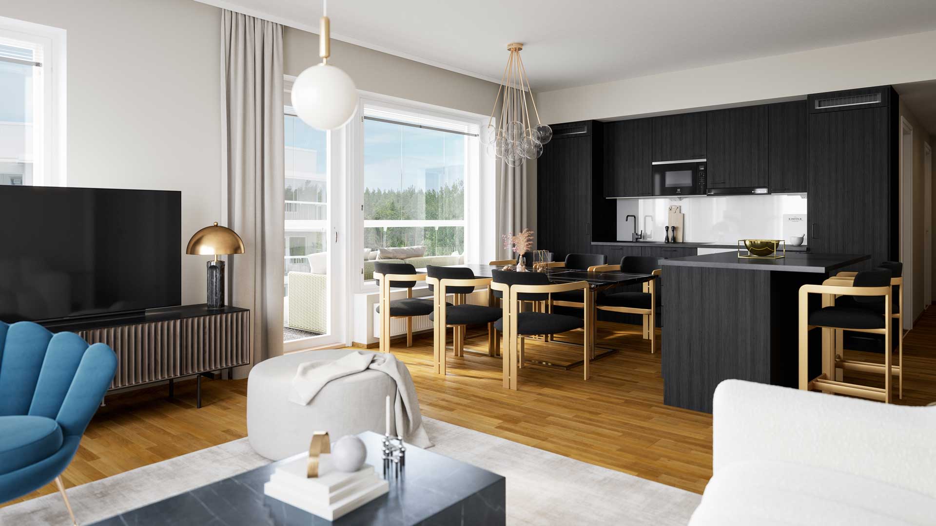 Myytävät asunnot Tampereen Kesätuuli. Niemenranta. Suuntaa antava visualisointi asunnon A 47 olohuoneesta ja keittotilasta.