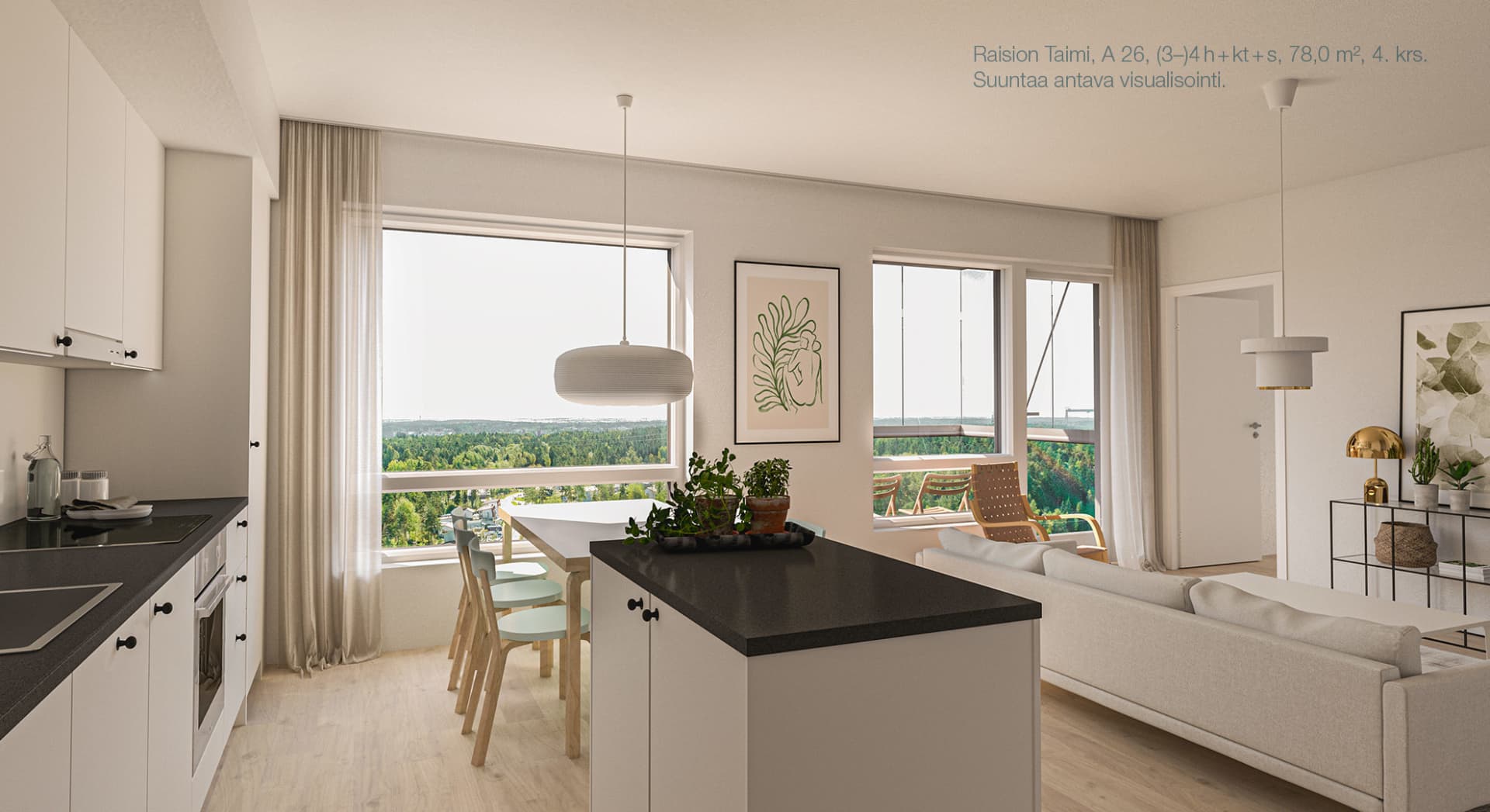 Selkeät omat tilat ruoanlaitolle, ruokailulle ja oleskelulle. Suuntaa antava visualisointi Raision Taimen kodista. Myytävät asunnot ja uudiskohteet Raision Taimessa. Tutustu kerrostalokoteihin Kerttulassa. YIT Koti.