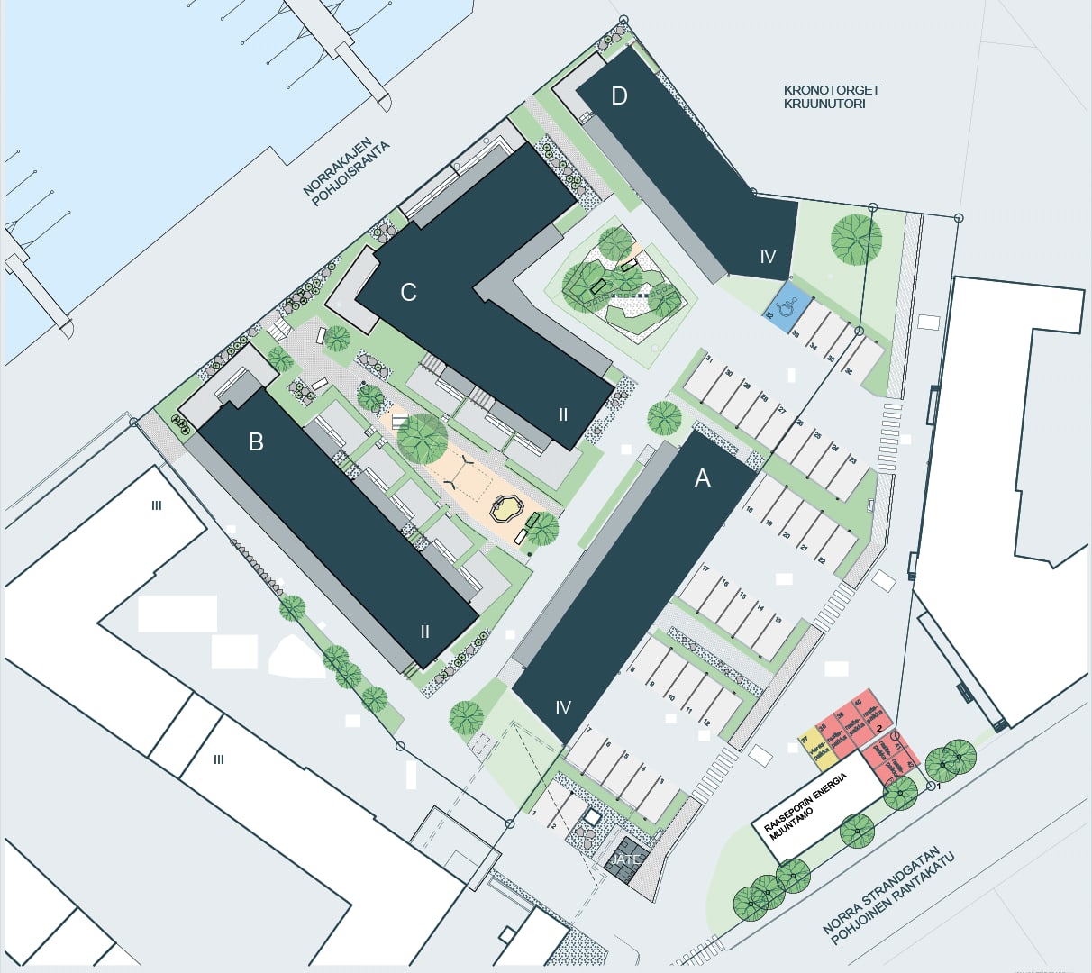 Asemapiirros kahdesta rivitalosta ja kahdesta kerrostalosta meren äärellä.