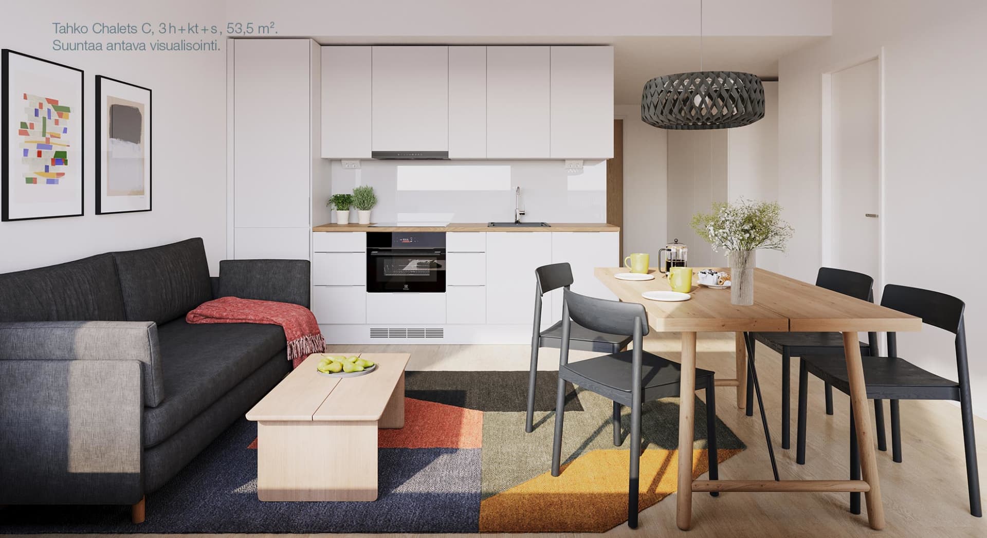 Tahko Chalets C. Suuntaa antava visualisointi Jyrkkä-sisustustyylistä. Voit valita loma-asuntosi sisustuksen kolmesta sisustuksen ammattilaisten suunnittelemasta teemasta tai rakentaa vaihtoehdoista omanlaisen kokonaisuuden.