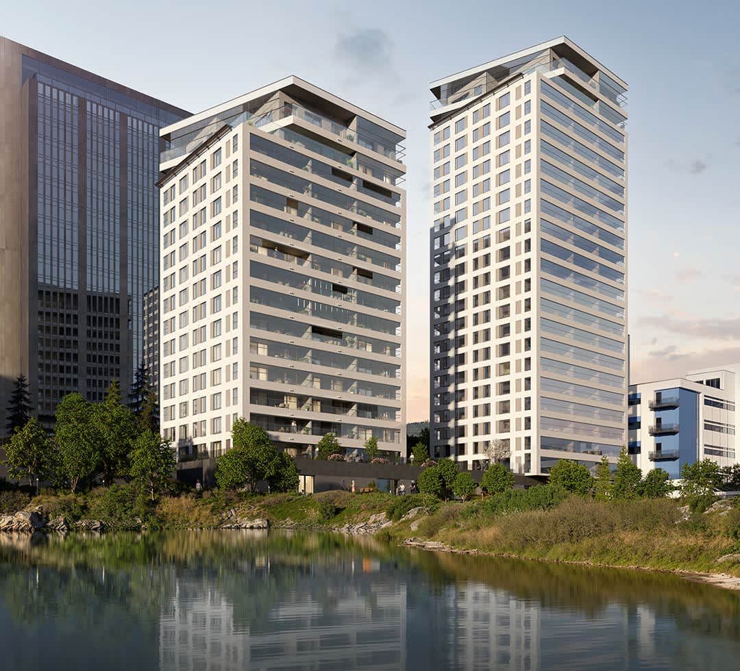 Korkeaa teknologiaa kuvastavan kiiltävän ja sulavaksi hiotun arkkitehtuurin kontrastina on hienot merimaisemat. Suuntaa antava visualisointi (tehty 1.4.2023 tiedossa olevien suunnitelmien mukaisesti). Myytävät asunnot Espoon Seaside, Keilaniemi, Keilaniemenranta.