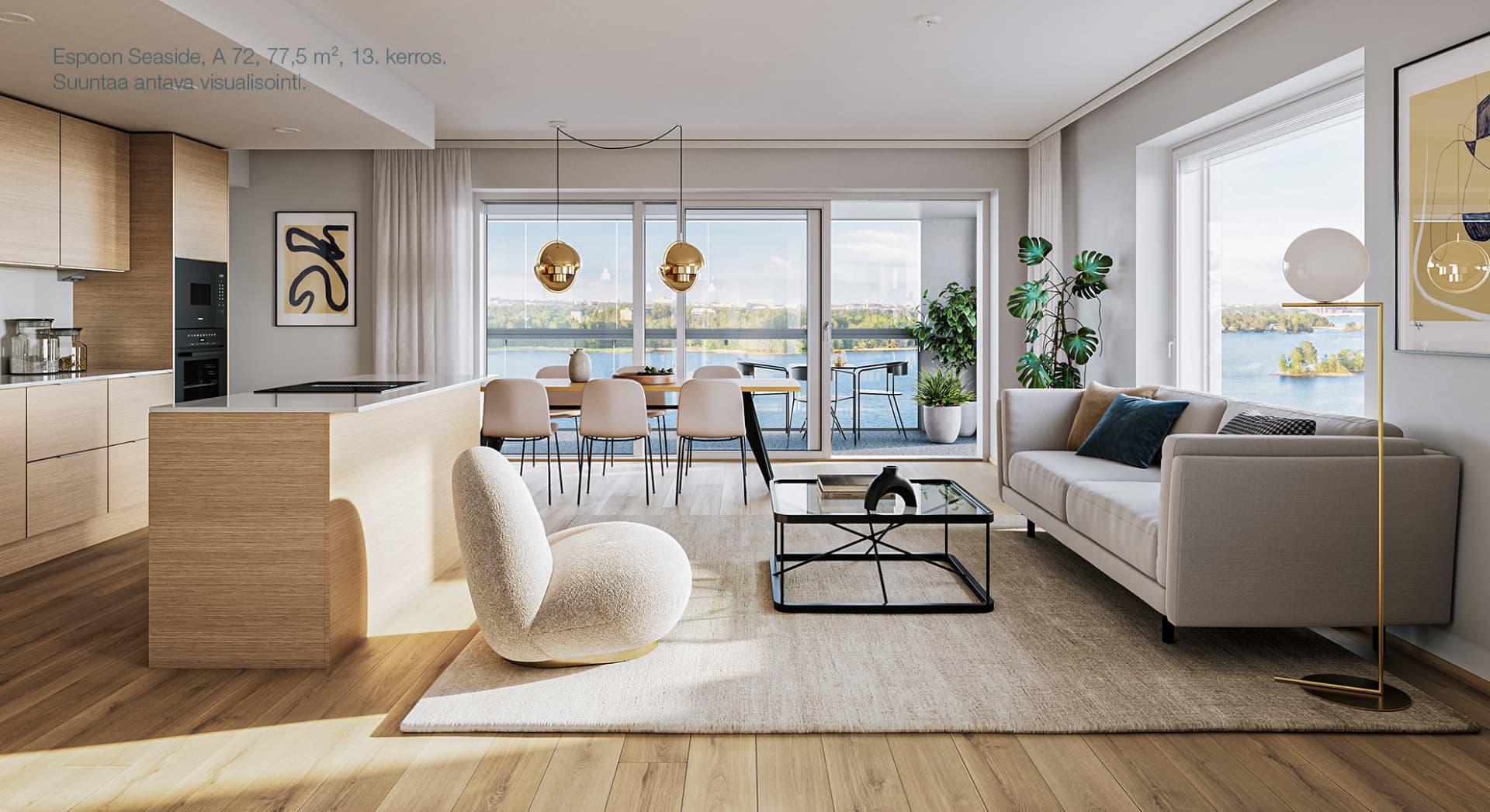 Upea maisemakoti, jossa koko kodin levyinen lasitettu parveke. Suuntaa antava visualisointi asunnosta A 72, 77,5 m², 13. kerros. Myytävät asunnot Espoon Seaside, Keilaniemi, Keilaniemenranta.