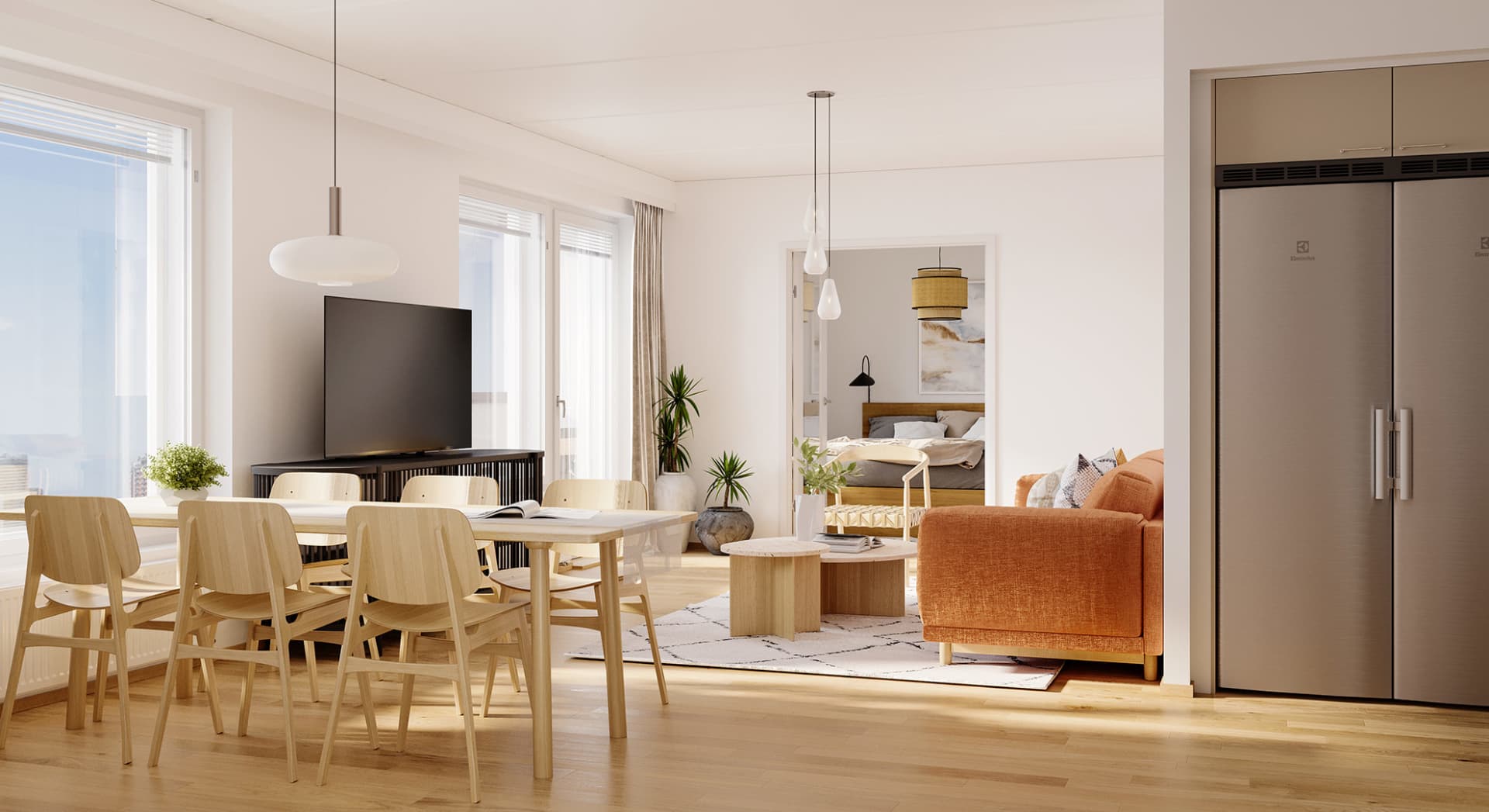 Pariovellinen makuuhuone toimii myös tv- ja kirjastohuoneena. Suurelle parvekkeelle mahtuu sekä oleskelu- että harrastetilaa. Suuntaa antava visualisointi, asunto 36, 4 h+kt+s, 91,5 m². YIT Koti Asunto Oy Tuusulan Solki, Hyrylä.