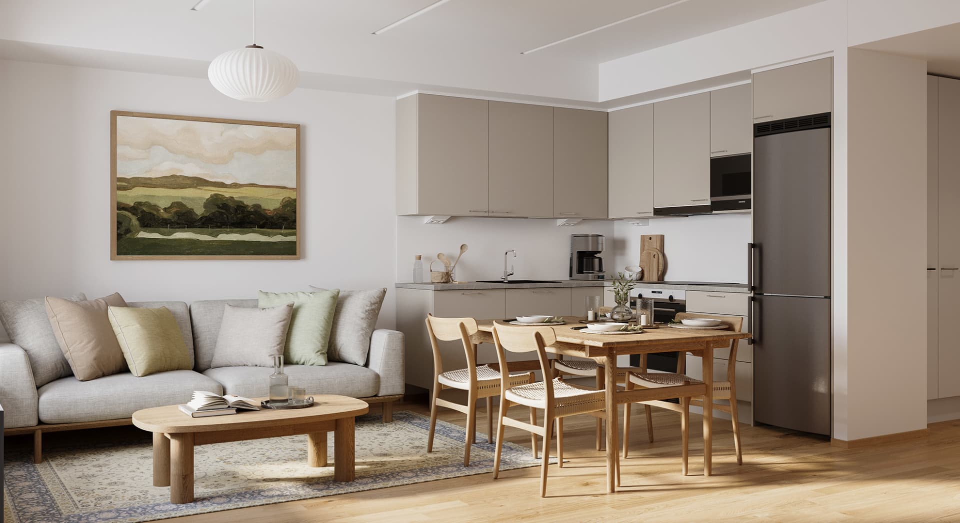 Kaksion oleskelutilat jatkuvat tilavalle parvekkeelle. Asunnossa on myös kätevä kulmakeittiö. Suuntaa antava visualisointi, asunto 40, 2 h+kt+s, 46 m². YIT Koti Asunto Oy Tuusulan Solki, Hyrylä.