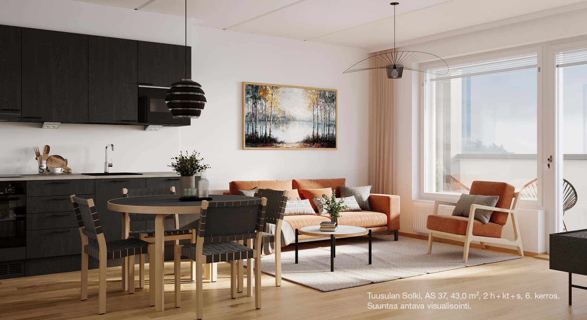 Avarat näkymät eteisestä lasitetun parvekkeen kautta ympäristöön! Suuntaa antava visualisointi, asunto 37, 2 h+kt+s, 43 m². YIT Koti Asunto Oy Tuusulan Solki, Hyrylä.