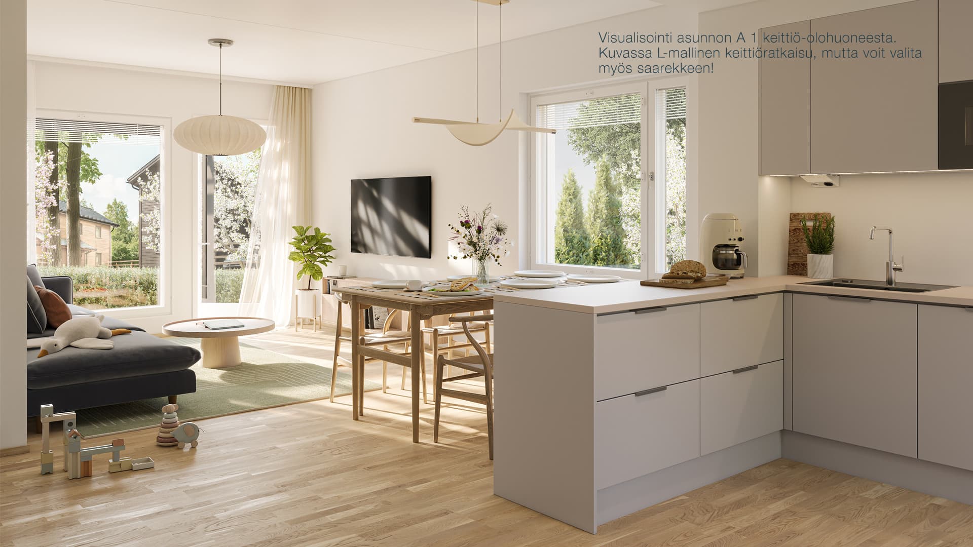 Visualisointi asunnon A 1 keittiö-olohuoneesta. Kuvassa L-mallinen keittiöratkaisu, mutta voit valita myös saarekkeen!