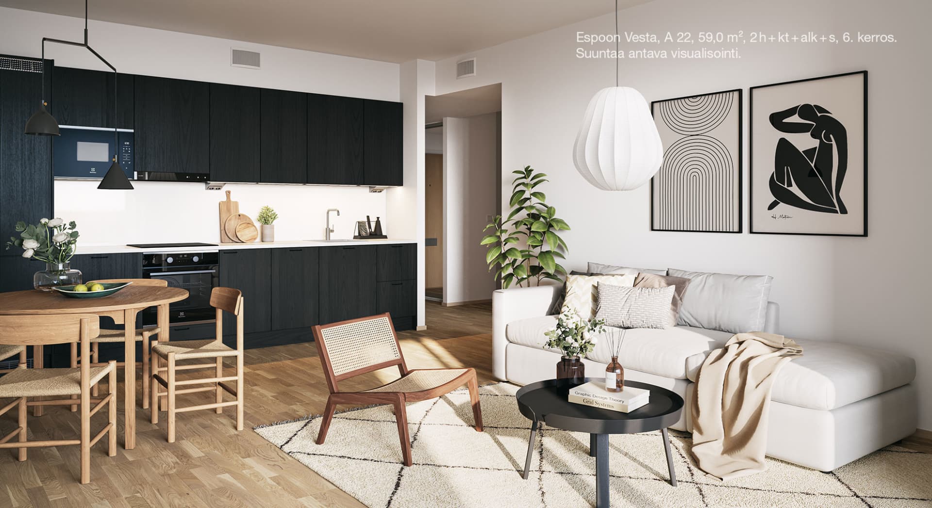 Moderni avokeittiö on näyttävä sisustuselementti integroituine kodinkoneineen. Suuntaa antava visualisointi asunnosta A 22, 6. kerros, 59 m², 2 h+kt+alk+s. Myytävät asunnot ja uudiskohteet Espoon Vestassa. YIT Kodit Kivenlahdessa.