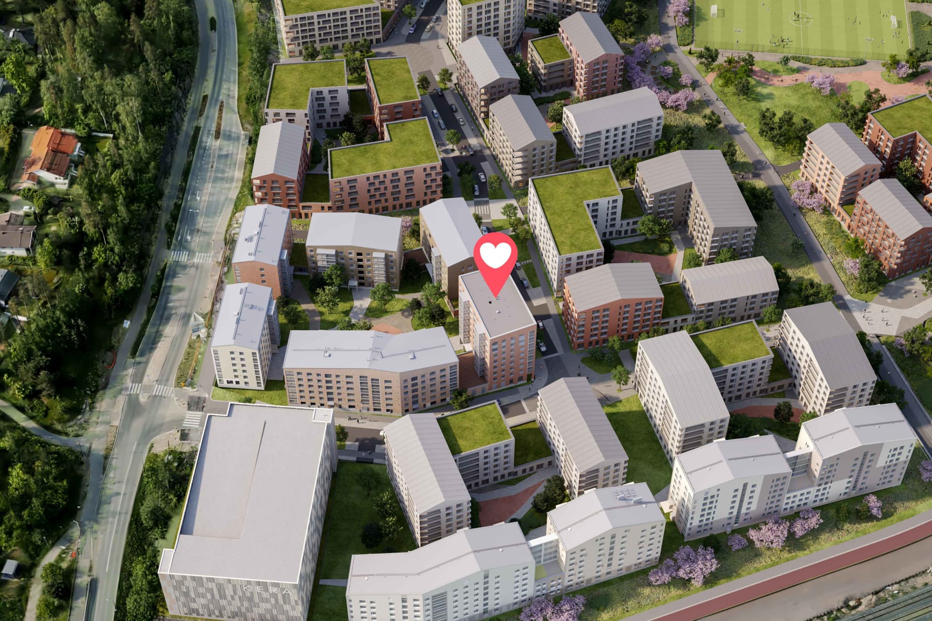 Keran asuinalueen sydämeksi tulee Keranpuisto, jossa kesällä pelataan pallopelejä ja talvella viiletetään luistimilla ulkojäällä. Alustava visualisointikuva: ©Arkkitehtuuritoimisto B & M Oy