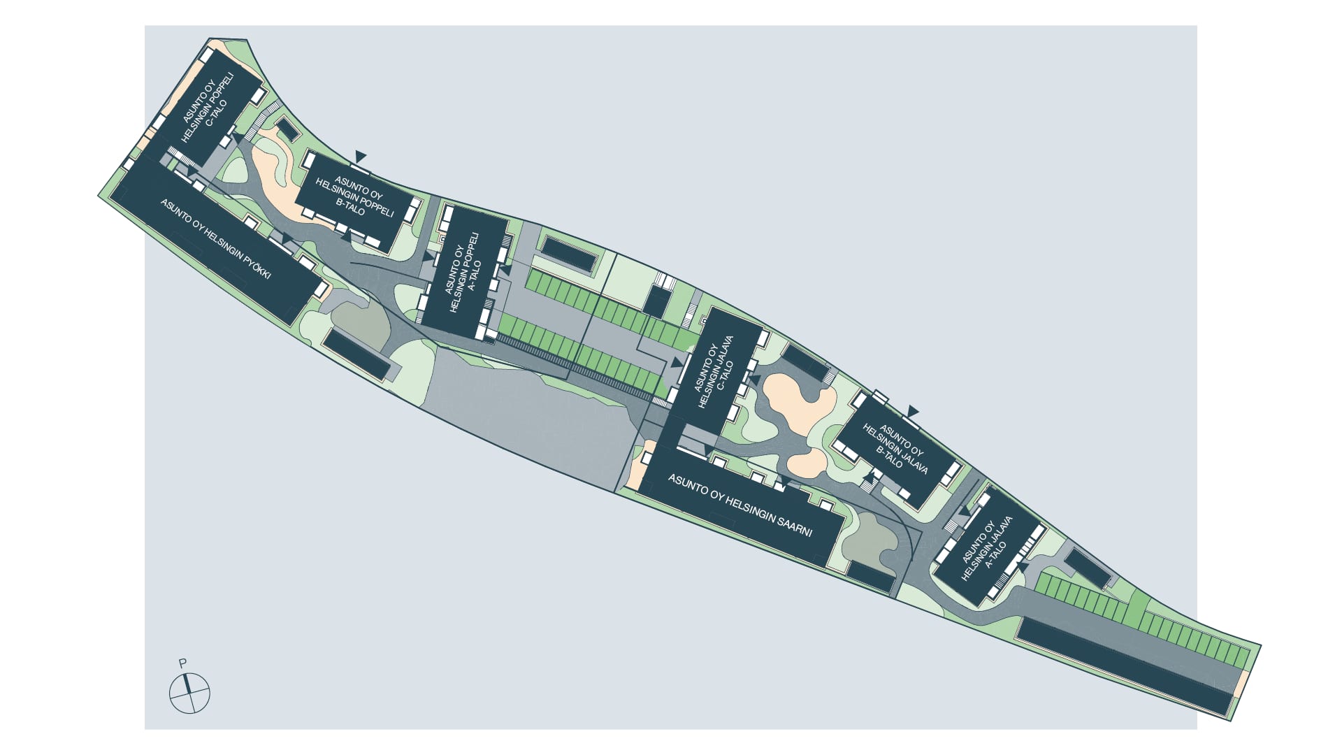 Asemapiirros. Puistokortteli on kuin oma pieni kylä pihapiireineen.