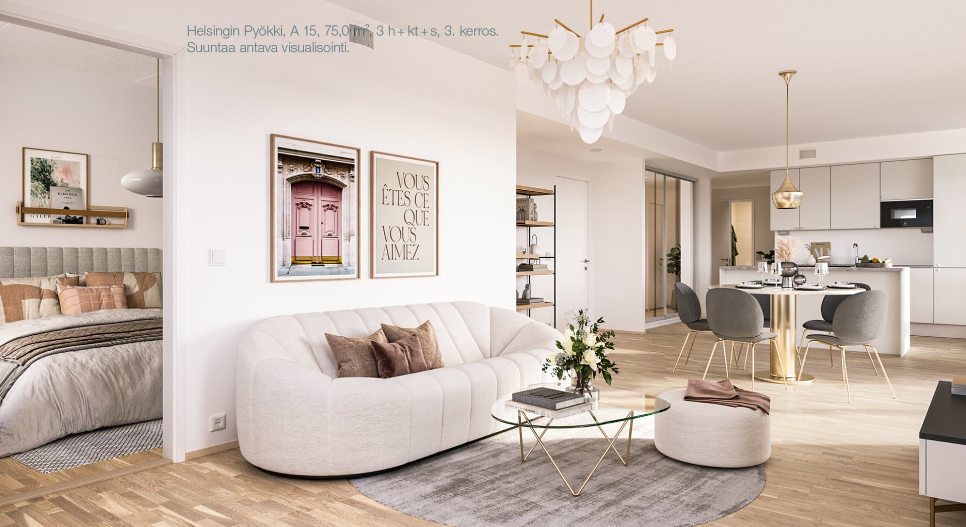 Valoisa päätykolmio. Avokeittiön saarekkeessa lisää säilytys- ja laskutilaa. Oleskelutilassa on myös näkymiä kahteen suuntaan. Visualisointi asunnosta A 15, 75 m2, 3h+kt+s.