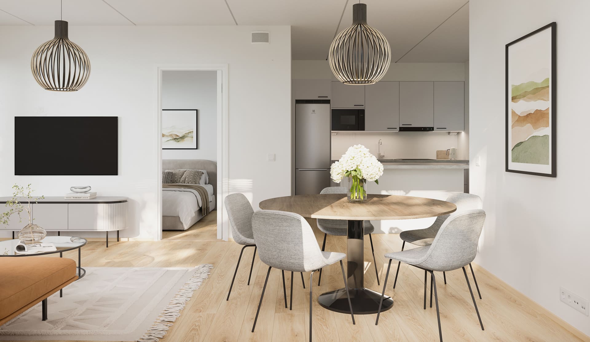Keittiö on omassa rauhassaan ja saareke tuo lisää työskentelytilaa. Suuntaa antava visualisointi asunnosta A 21, 69 m², 3 h+kt+s, 4. krs. Myytävät asunnot Hämeenlinnan Helmi, Sairio.