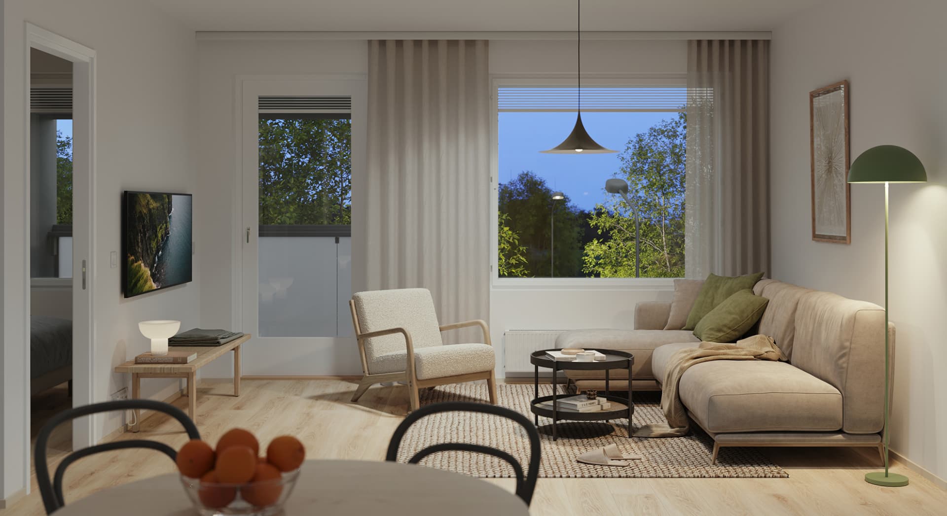 Hämeenlinnan Helmessä oleskelutilat jatkuvat ikiomalle lasitetulle parvekkeelle! Visualisointi on asuntotyypistä 2h+kt+s (48 m²). Myytävät asunnot Hämeenlinnan Helmi, Sairio.