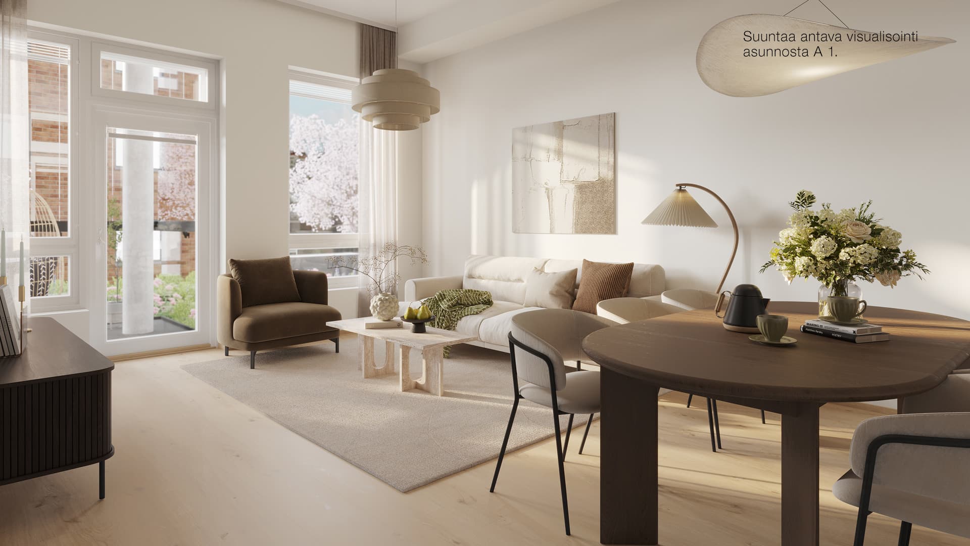 Suuntaa antava visualisointi asunnon A 1 olohuoneesta.