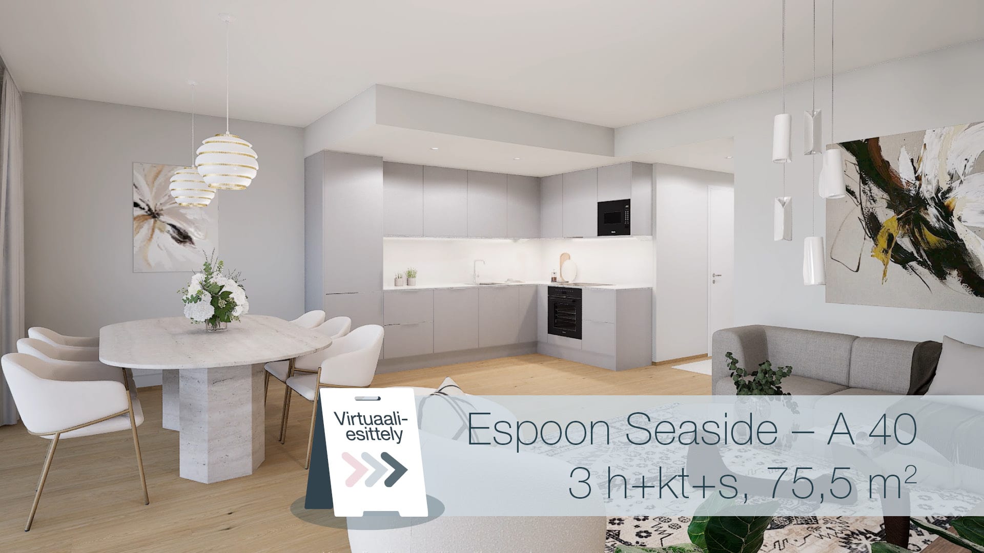 Tutustu virtuaalisesti Espoon Seasiden asuntoon! Vaihda asunnon materiaaleja omaan makuusi sopivaksi.
