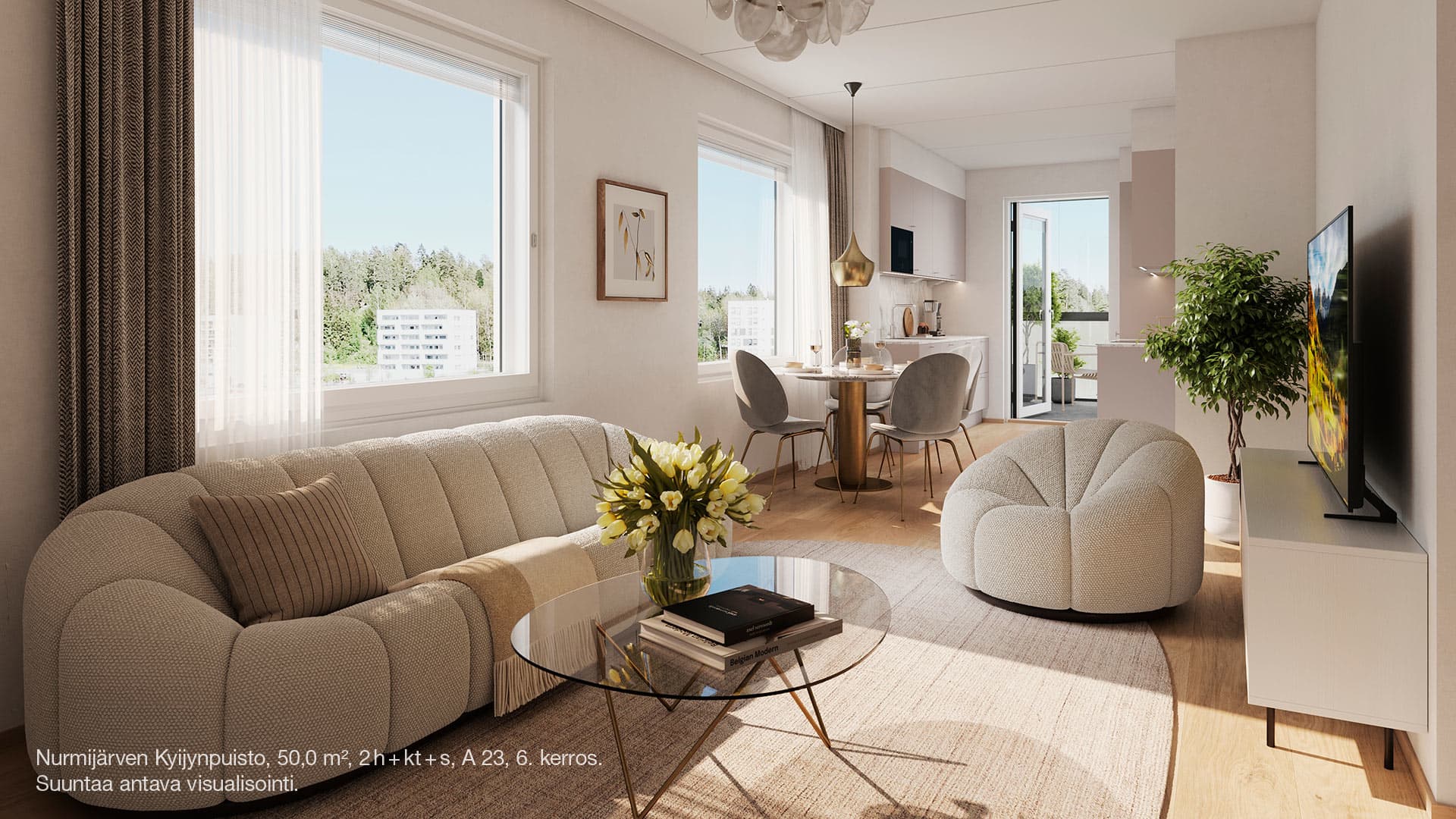 Kulmahuoneisto kylpee valossa! Keittiö on oma kokonaisuus ja siitä on kulku parvekkeelle. Ruokapöydänkin saa ikkunan ääreen. Suuntaa antava visualisointi asunnosta A 23, 50,0 m², 2 h+kt+s, 6. krs. Uudisasunnot Klaukkalassa.