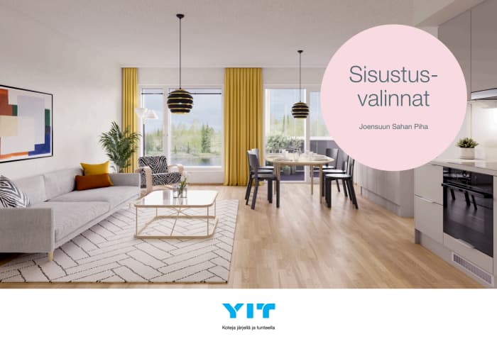 Esitteen sisällössä esitellään Joensuun Sahan Pihan hintaan sisältyvät sisustusmateriaalit sekä lisähintaiset valinnat ja muutostyömahdollisuudet.