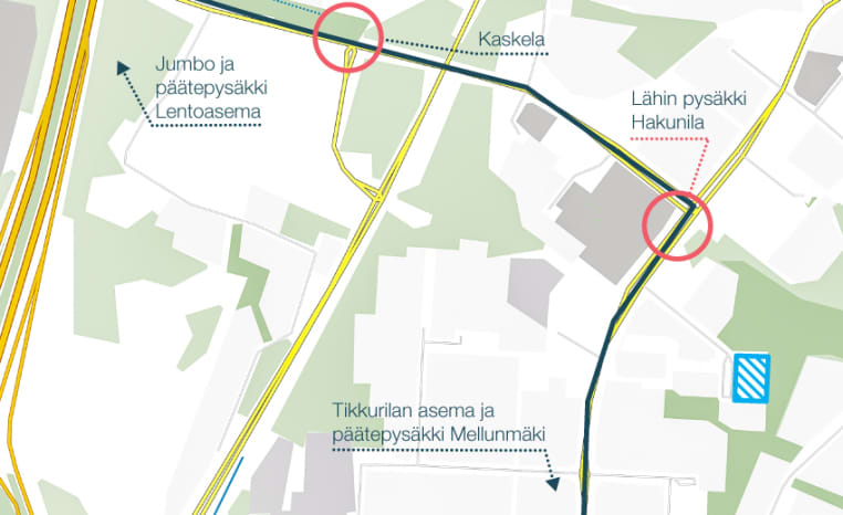 Kuvassa näkyy Hakunilan alueelle suunniteltu Vantaan ratikan pysäkki. Sijainniltaan se tulee olemaan parin sadan metrin päässä tulevista raudikkokujan kodeista.