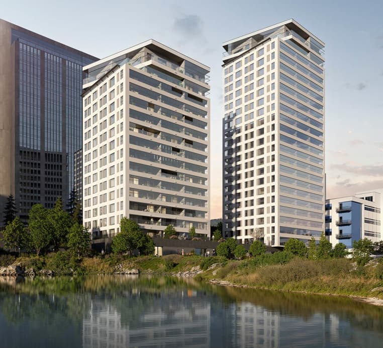 Korkeaa teknologiaa kuvastavan kiiltävän ja sulavaksi hiotun arkkitehtuurin kontrastina on hienot merimaisemat. Suuntaa antava visualisointi (tehty 1.4.2023 tiedossa olevien suunnitelmien mukaisesti). Myytävät asunnot Espoon Seaside, Keilaniemi, Keilaniemenranta.