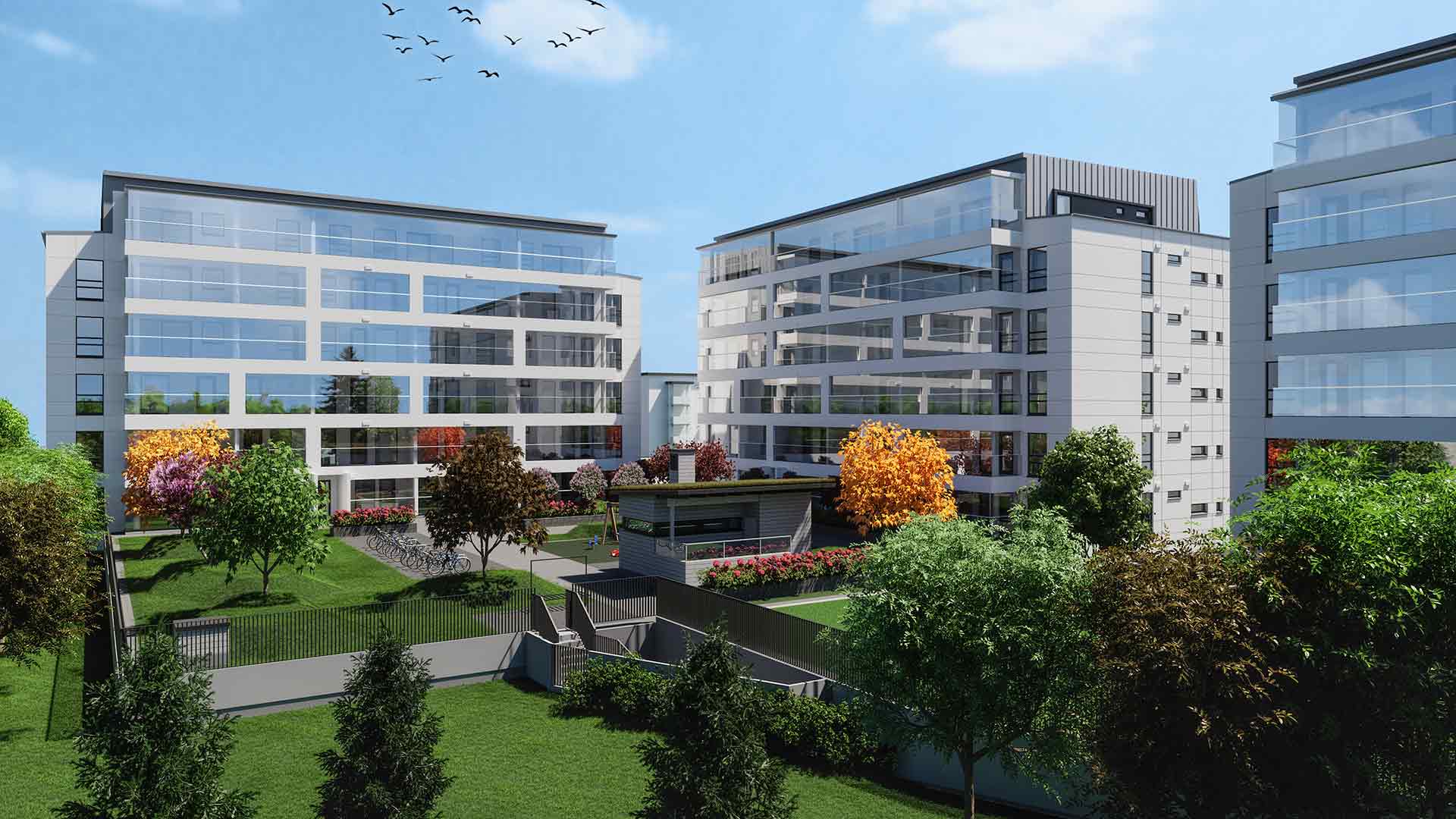 Havainnollistus Asunto Oy Puistorannasta. Puistoranta tulee vehreälle sijainnille aivan meren tuntumaan. Taloyhtiön kansipihasta tulee viihtyisä.