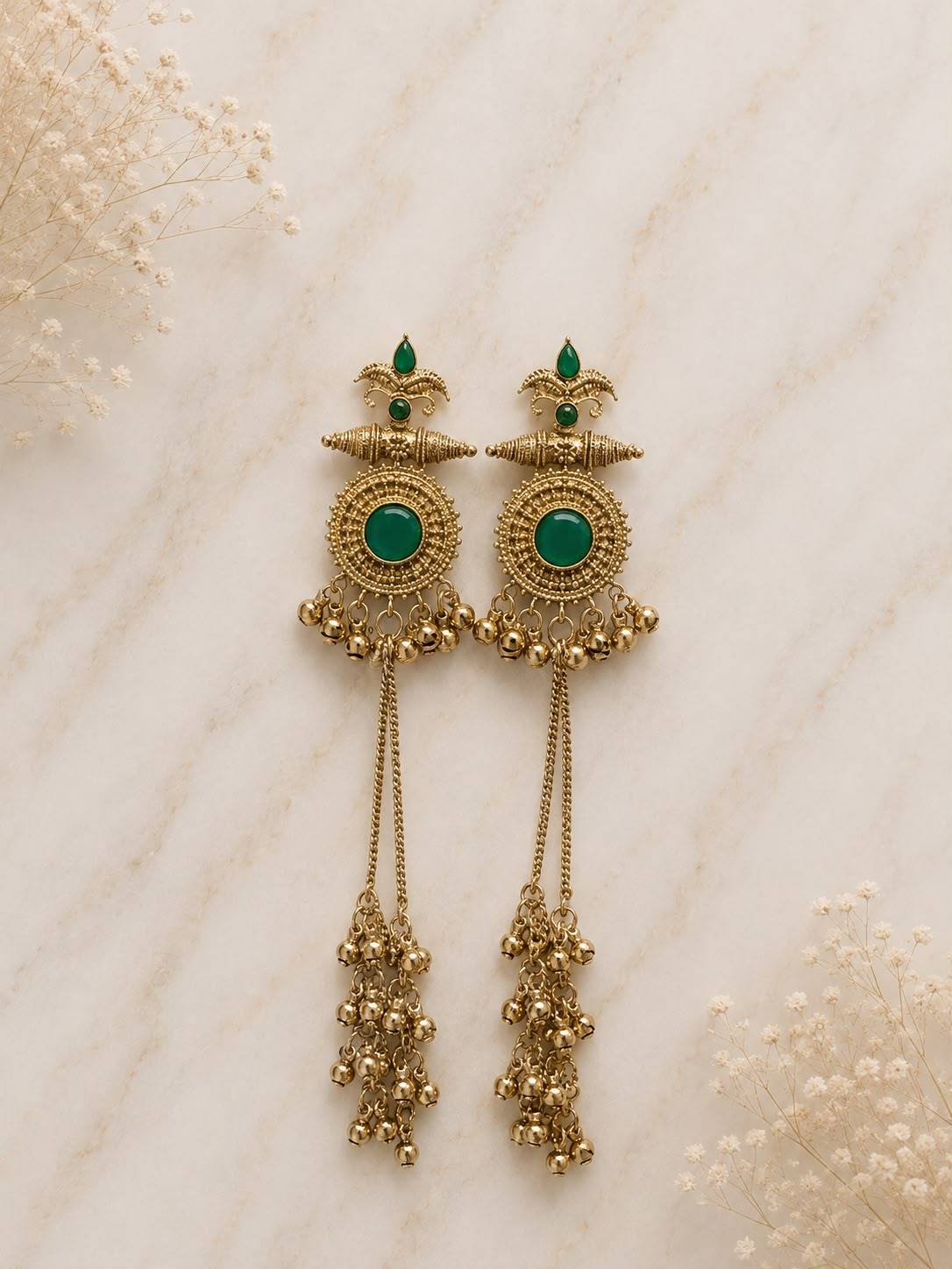 Emerald Ghungroo Tassel Earrings