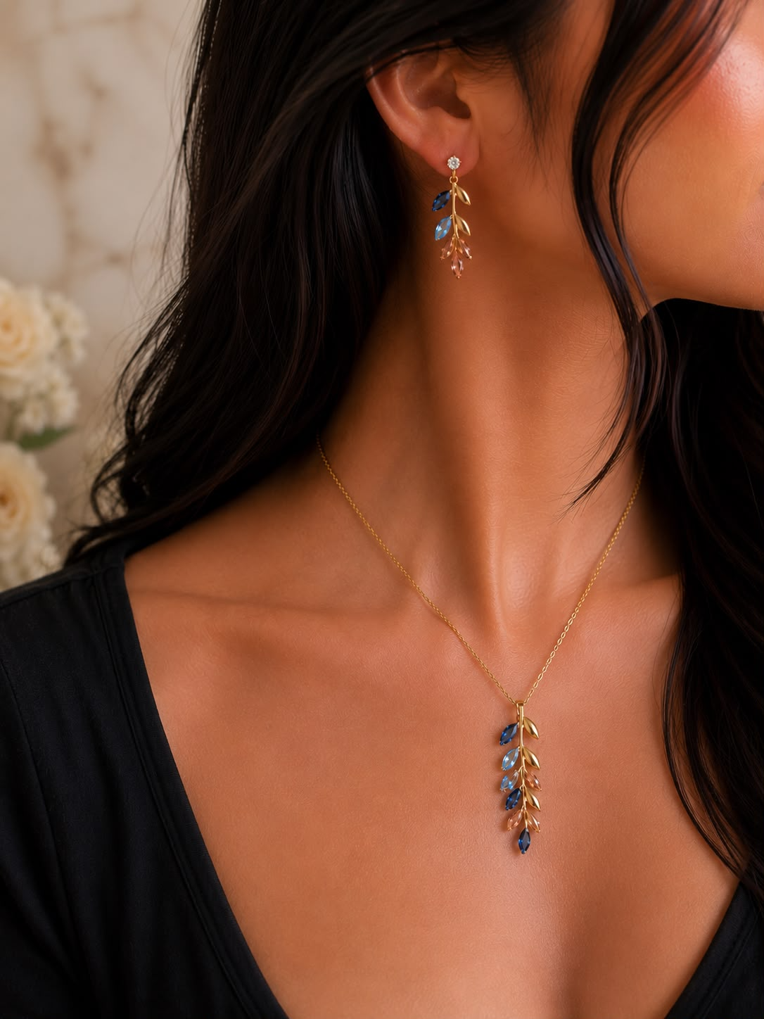 Sapphire Leaf Drop Necklace Set