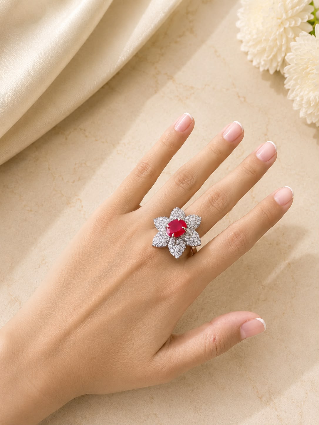 Ruby Blossom American Diamond Ring