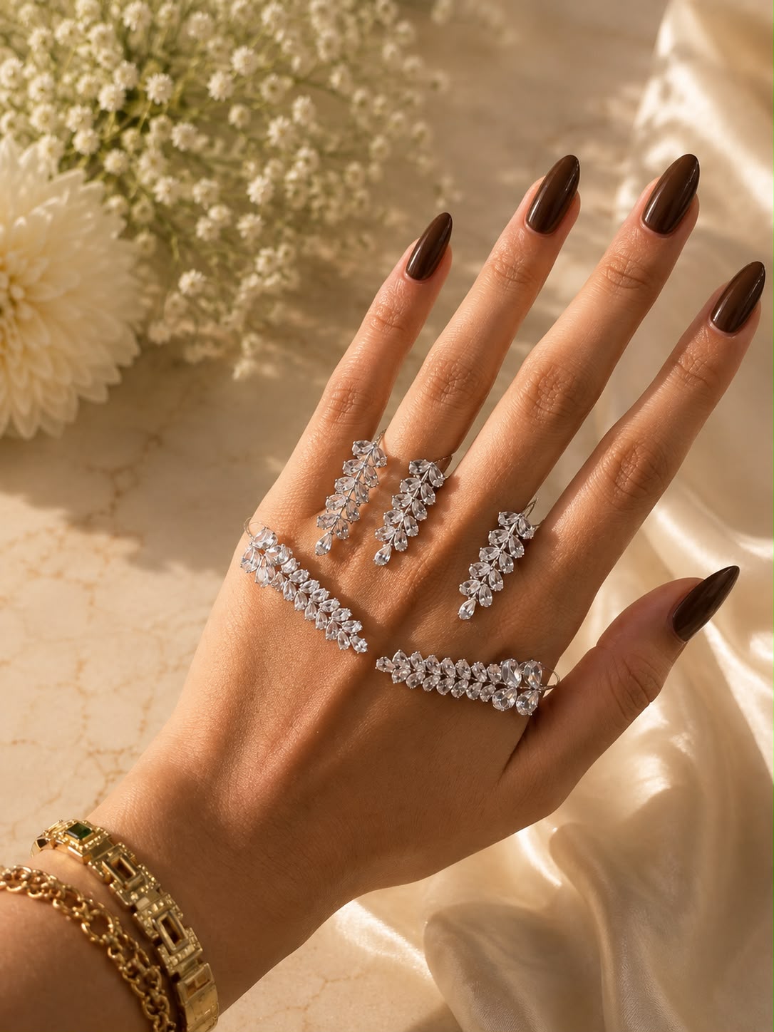 Crystal Leaf Cascade Palm Ring