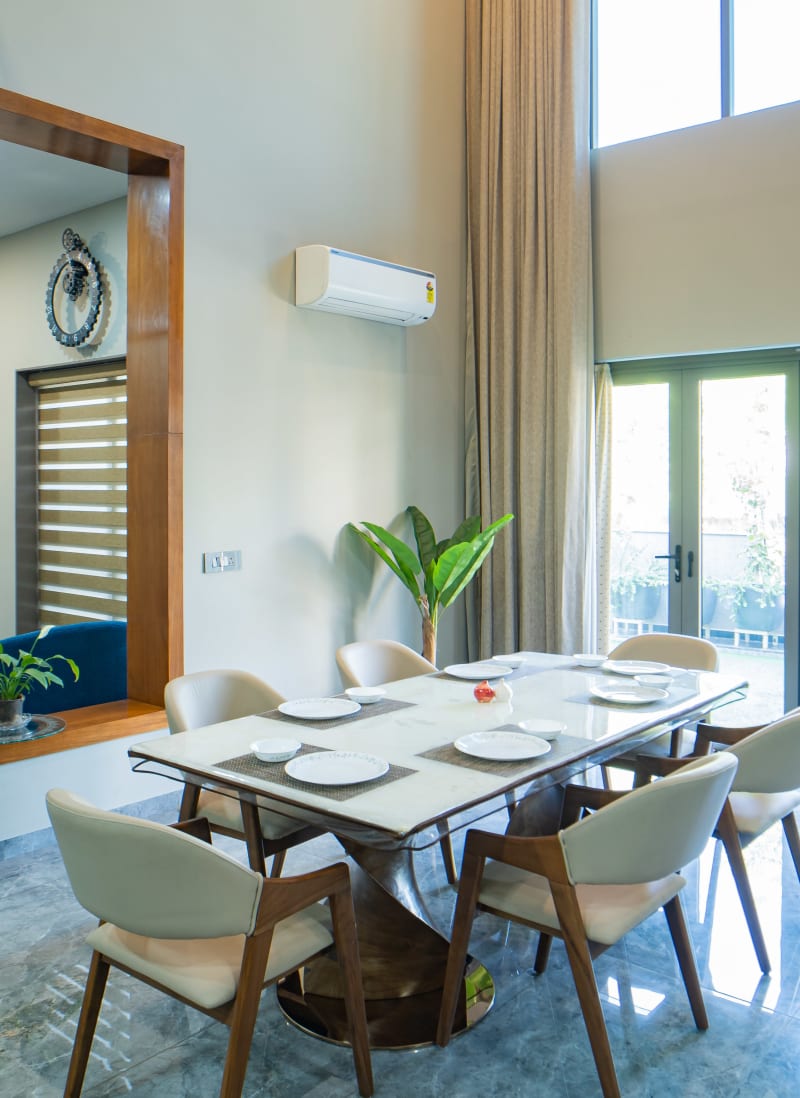 Dining area with large glass doors