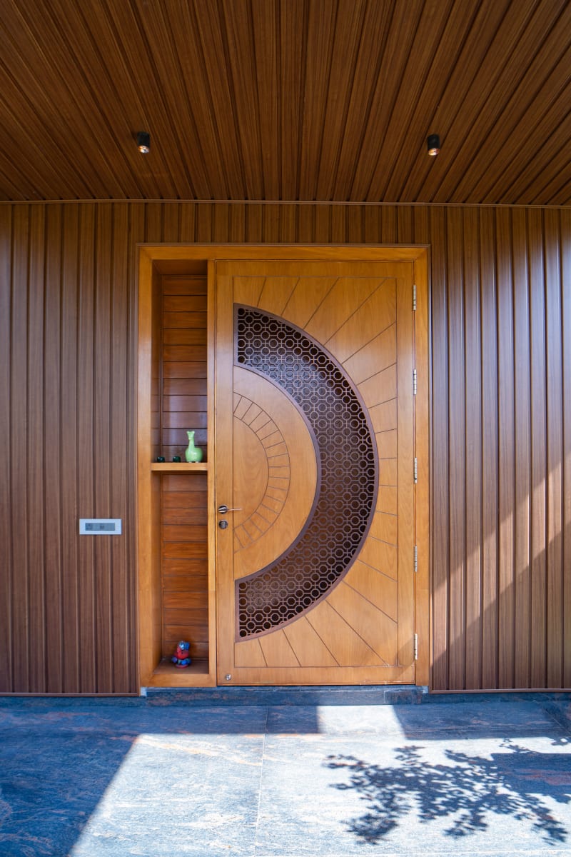 Closed wooden safety entrance door"
