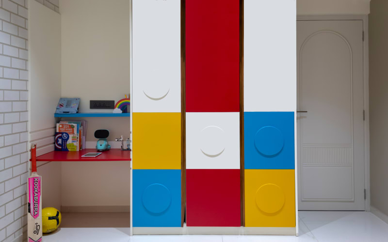 Lego-themed kids wardrobe and study corner