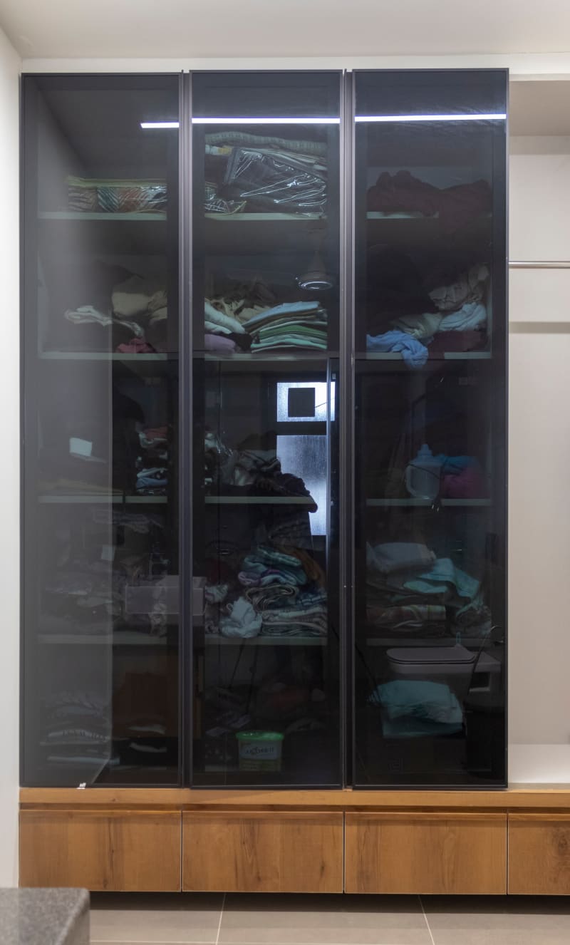 Walk-in closet with tinted glass wardrobe doors