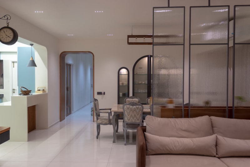 Open plan living and dining area with partition