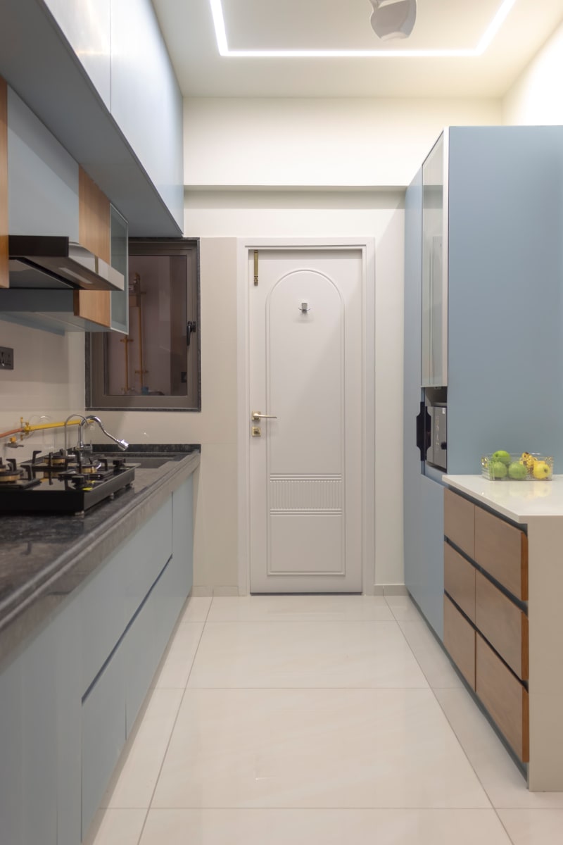 Modern modular kitchen with light blue cabinets