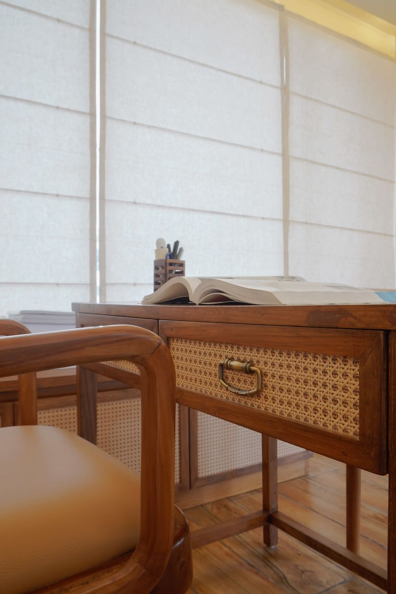 Close-up of wood fluted reception counter