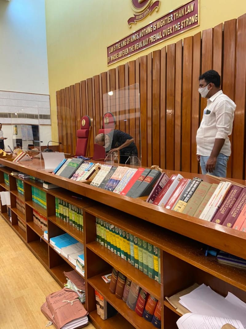 Judge's bench with law book shelves