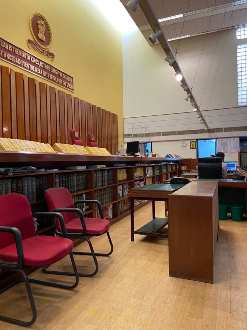 Courtroom side view with wooden wall paneling