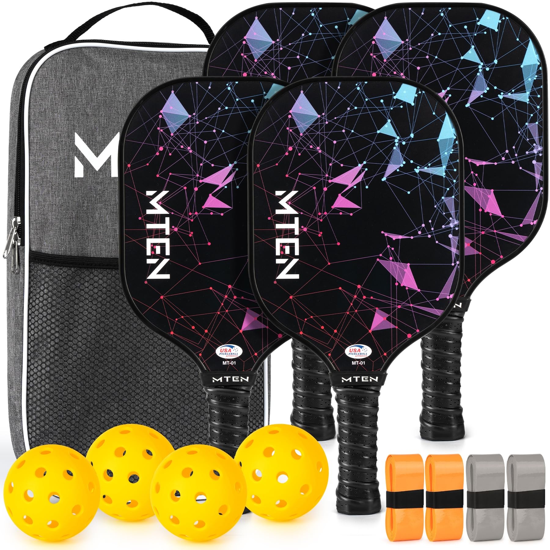 MTEN Pickleball Paddles Set of 4 — USAPA Approved Fiberglass Rackets with Balls, Bag & Grip Tapes