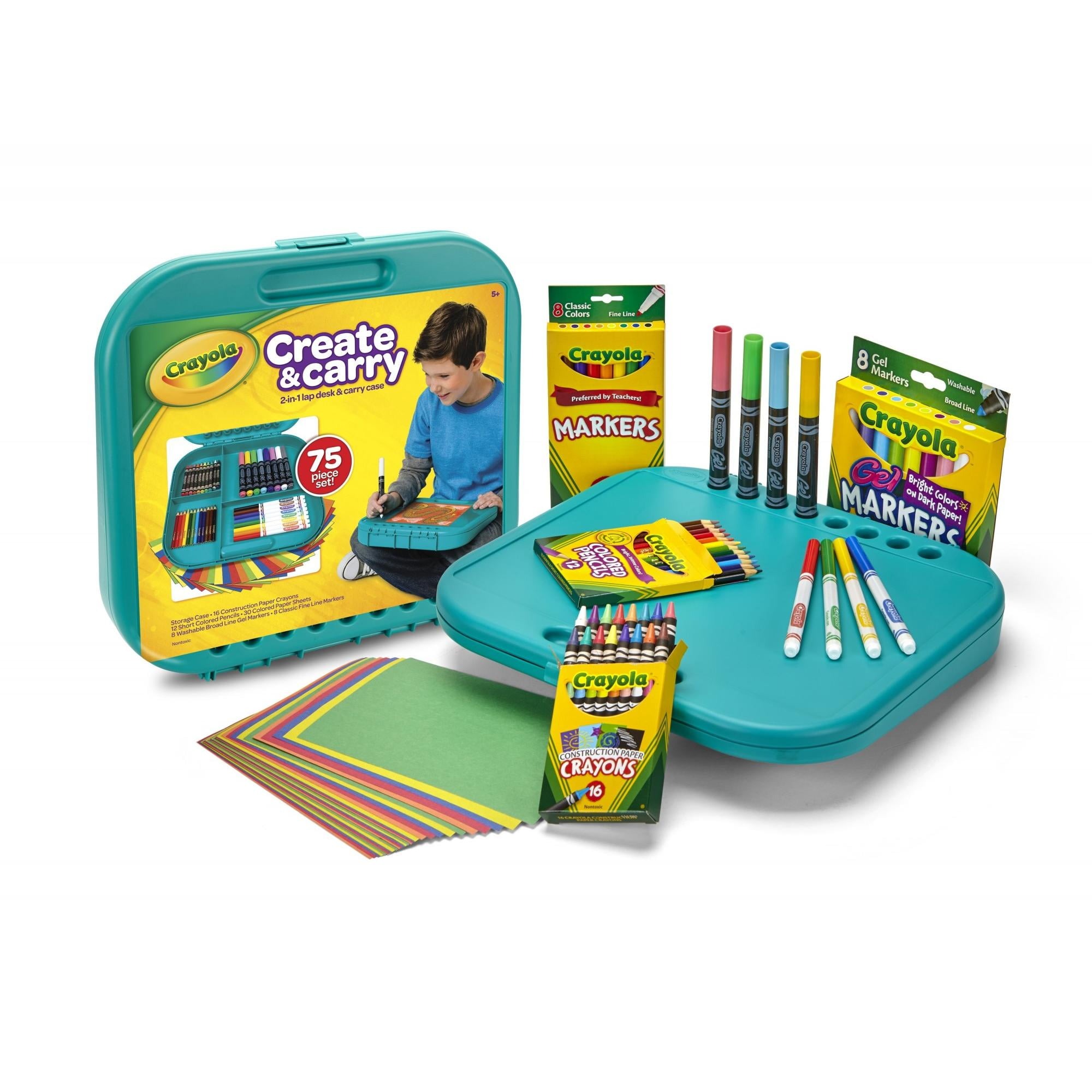 Crayola Create 'N Carry Travel Art Set for Kids (75pcs), 2-in-1 Lap Desk & Carrying Case, Essential Easter Basket Stuffers, Art Supplies Kit, Spring Crafting, Gift for Kids