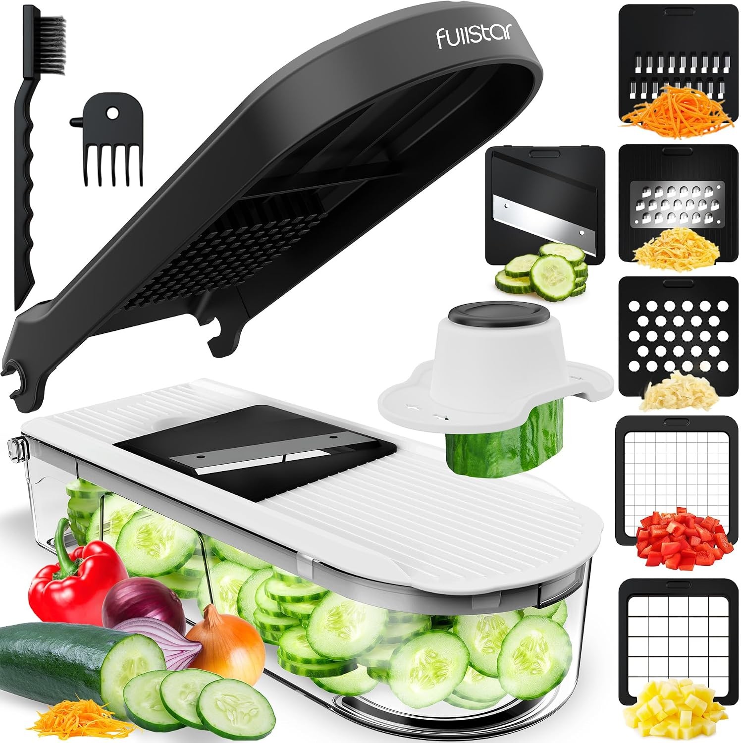 Fullstar Mandoline Slicer for Kitchen - Vegetable Chopper, Onion Potato Food Veggie Fruit Slicer and Cutter with Container, Kitchen Gadgets & Gifts, Home Essentials (6 in 1, Black/White)