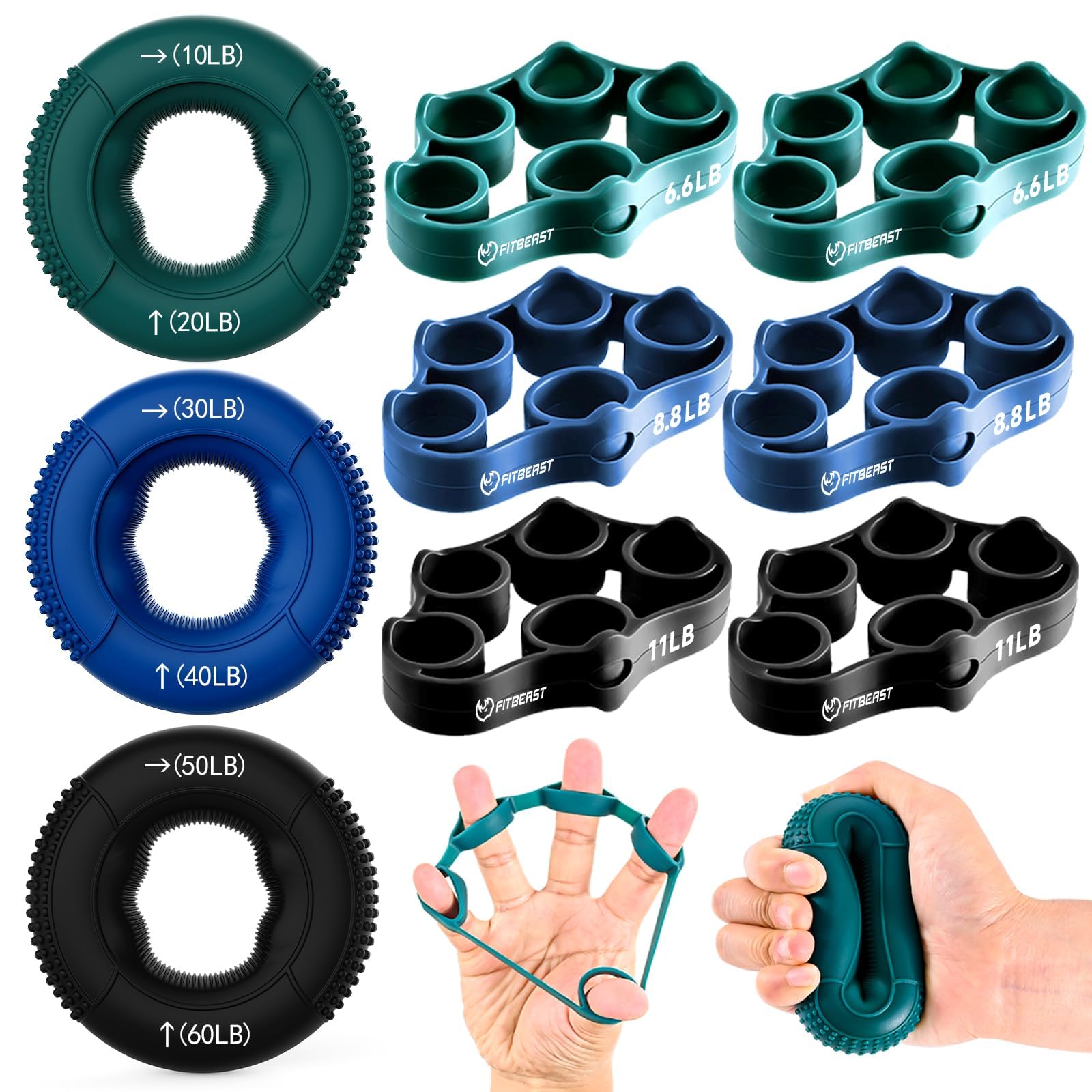 FitBeast Hand Grip Strengthener, Finger Exerciser, Forearm Strengthener Kit - 9 Pack, Targeted Hand & Forearm Strength, Relief & Recovery Kit (Deep Blue)