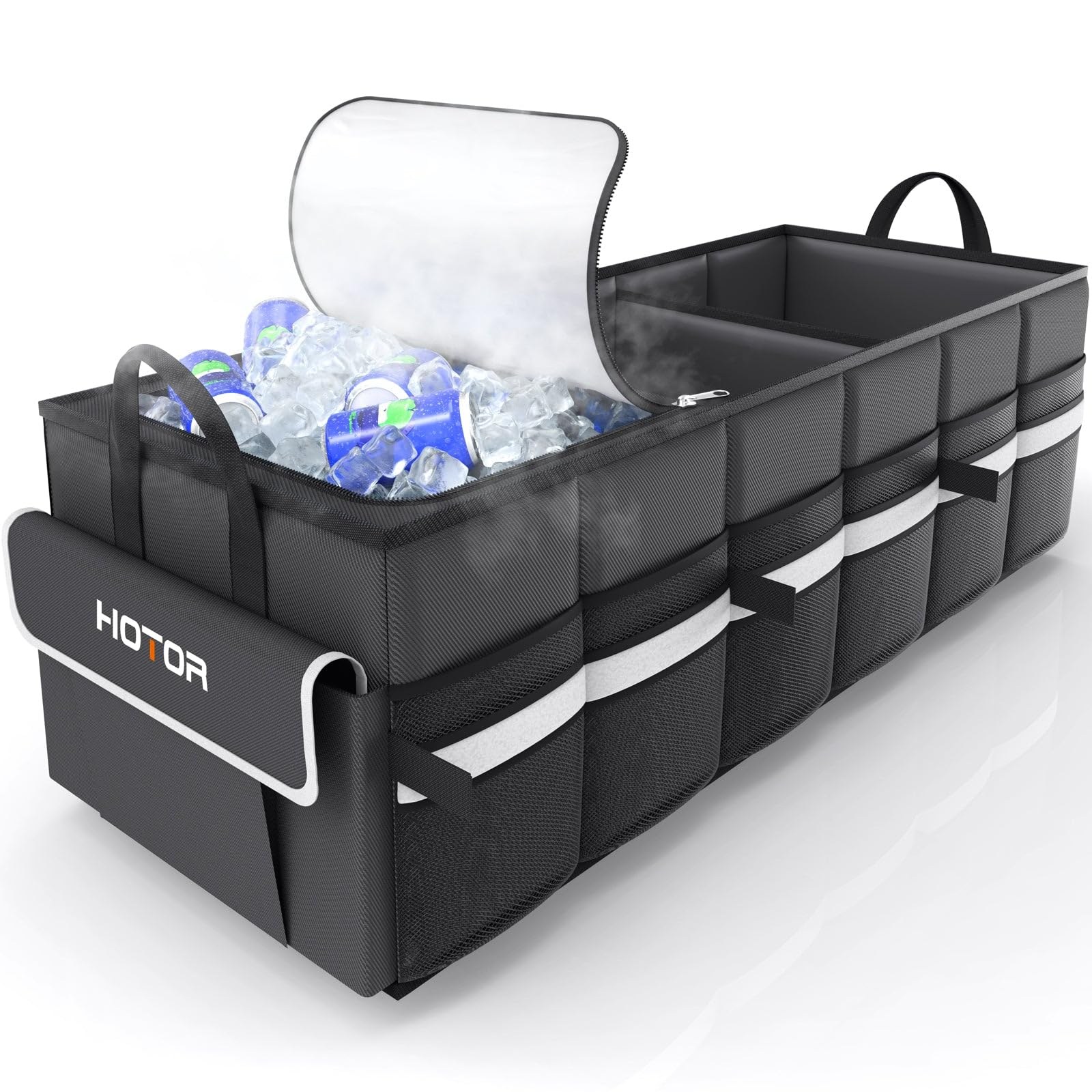 HOTOR Trunk Organizer for Car & SUV, Sturdy Car Organizer with Removable Cooler, Large Foldable Trunk Organizer with Cooler, 3 Compartments, Adjustable Straps, Black