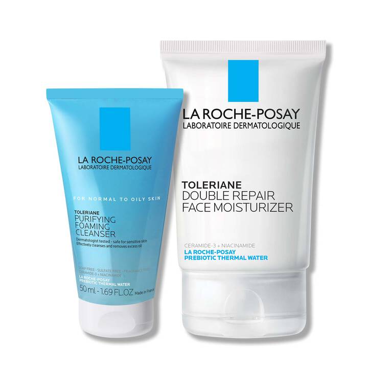 La Roche-Posay Toleraine Skin Care Set, Double Repair Face Moisturizer 100ml & Purifying Foaming Facial Cleanser 50ml, Oil Free Moisturizer & Face Wash For Oily Skin, Formulated with Niacinamide