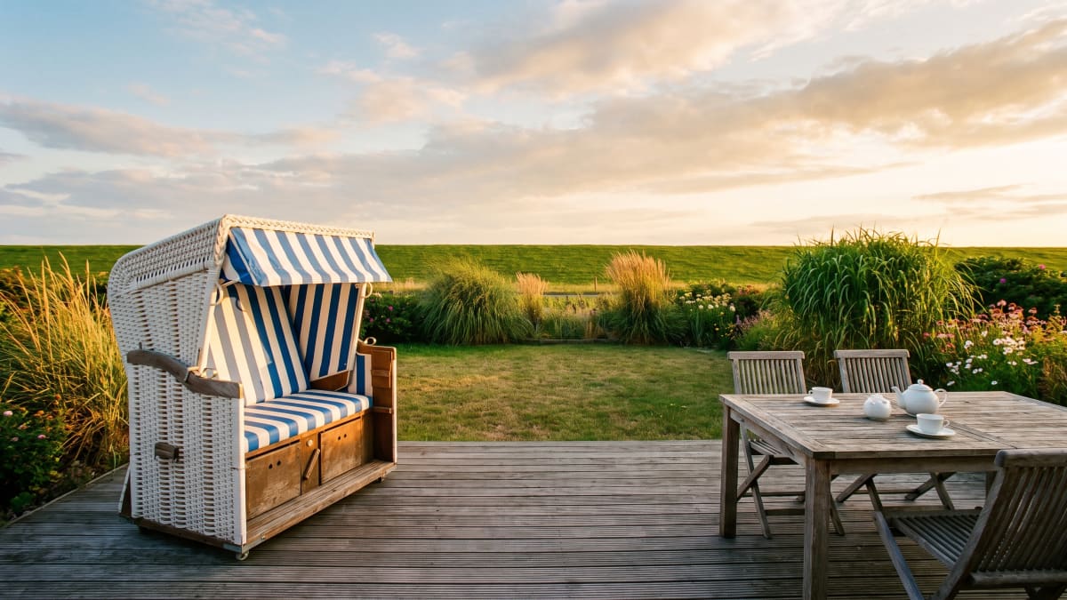 Terrasse mit Strandkorb und gedecktem Tisch vor dem Deich