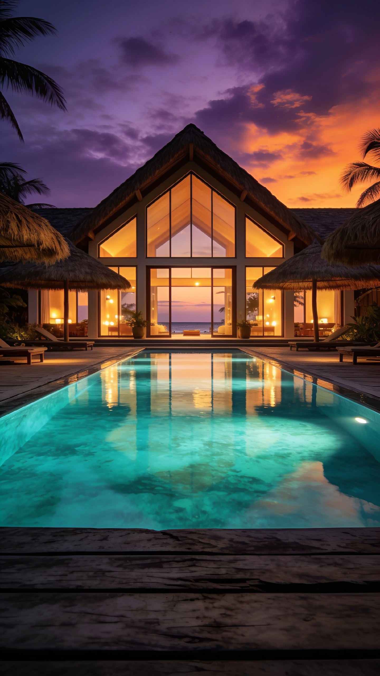 Villa exterior at sunset with infinity pool