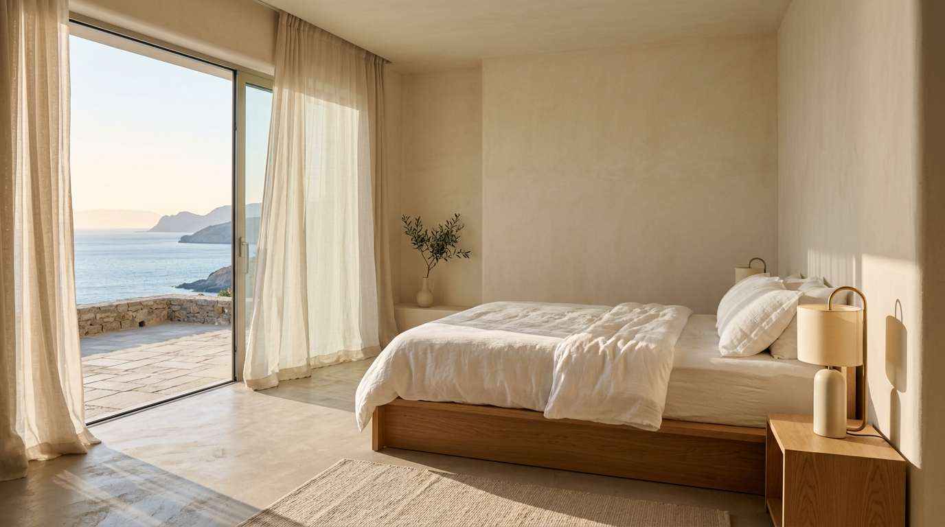 Contemporary Mediterranean bedroom with sea view