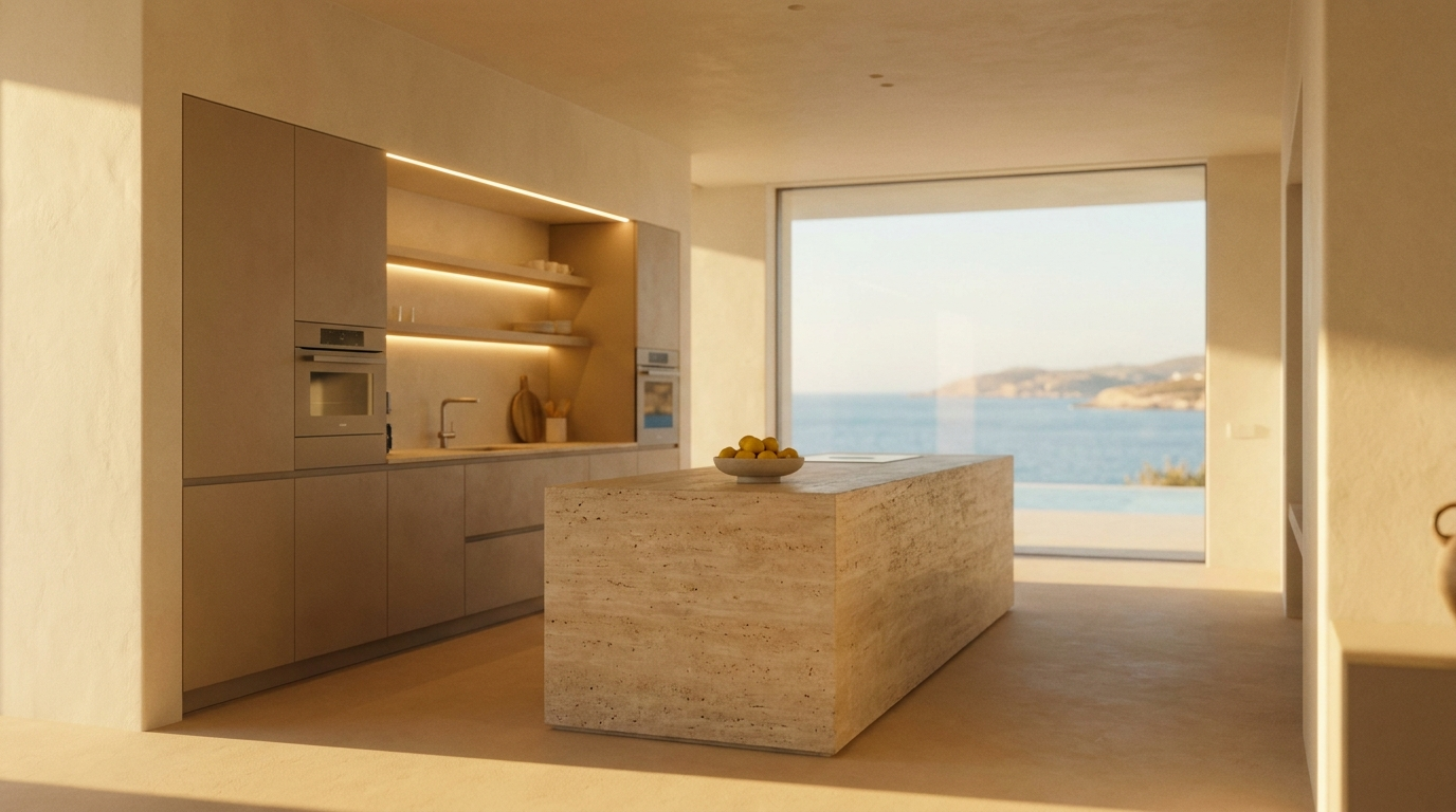 Contemporary Mediterranean kitchen with travertine island