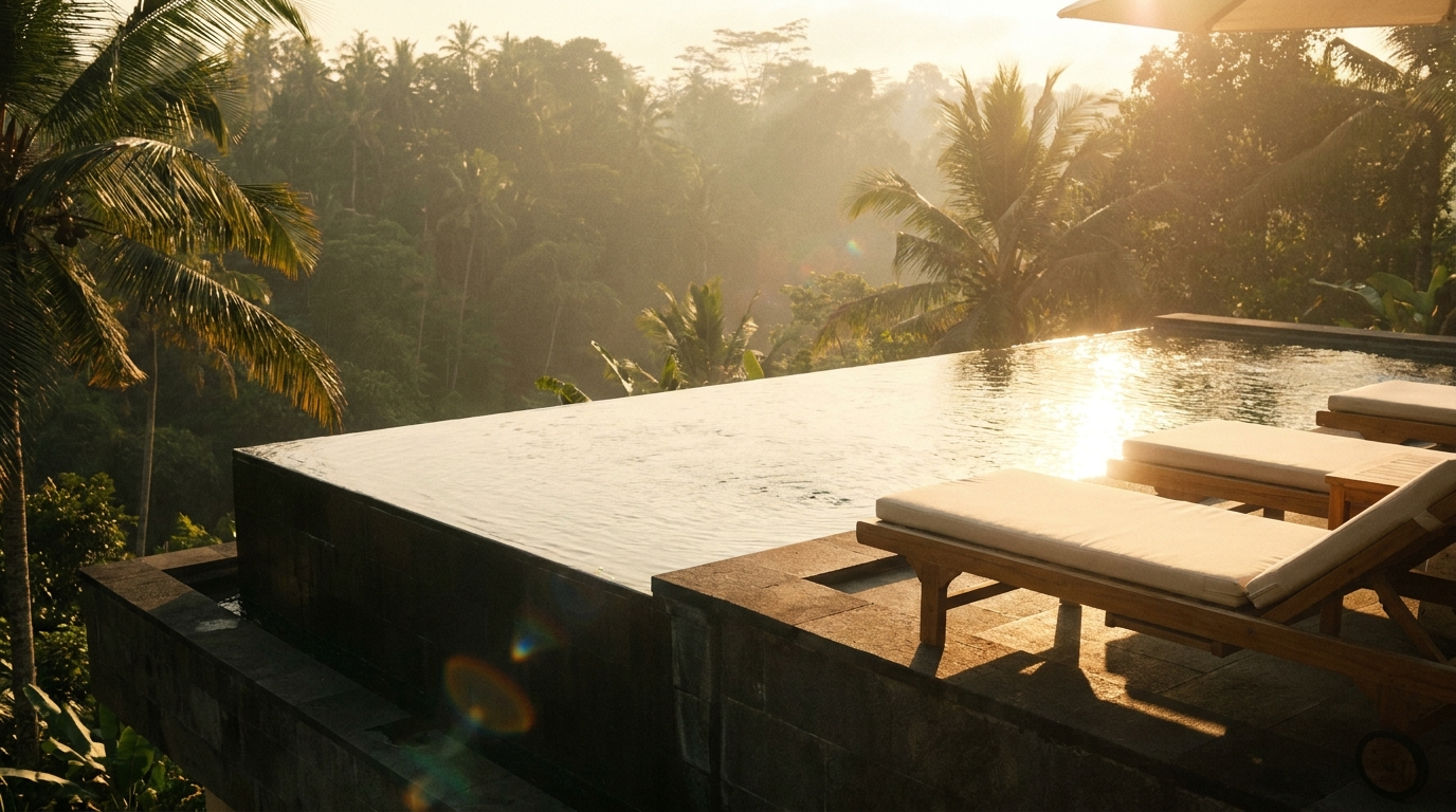 Tropical villa exterior with infinity pool at golden hour