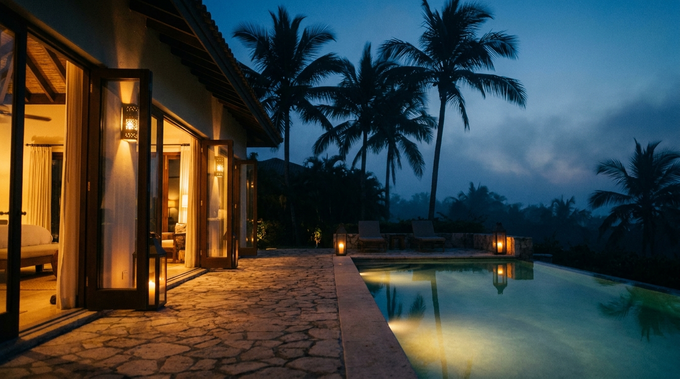 Villa terrace at twilight